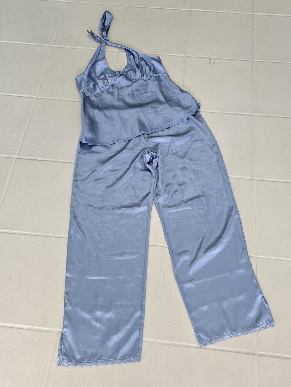 La Vie En Rose Blue Satiny 2pc Pajama Halter Tie Neck Lace Trim Pants L Top XL